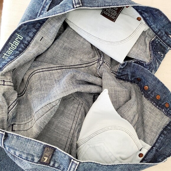 7 For All Mankind Standard Mens 38 Jeans ButtonFly Blue Wash Distressed Denim - Picture 9 of 11